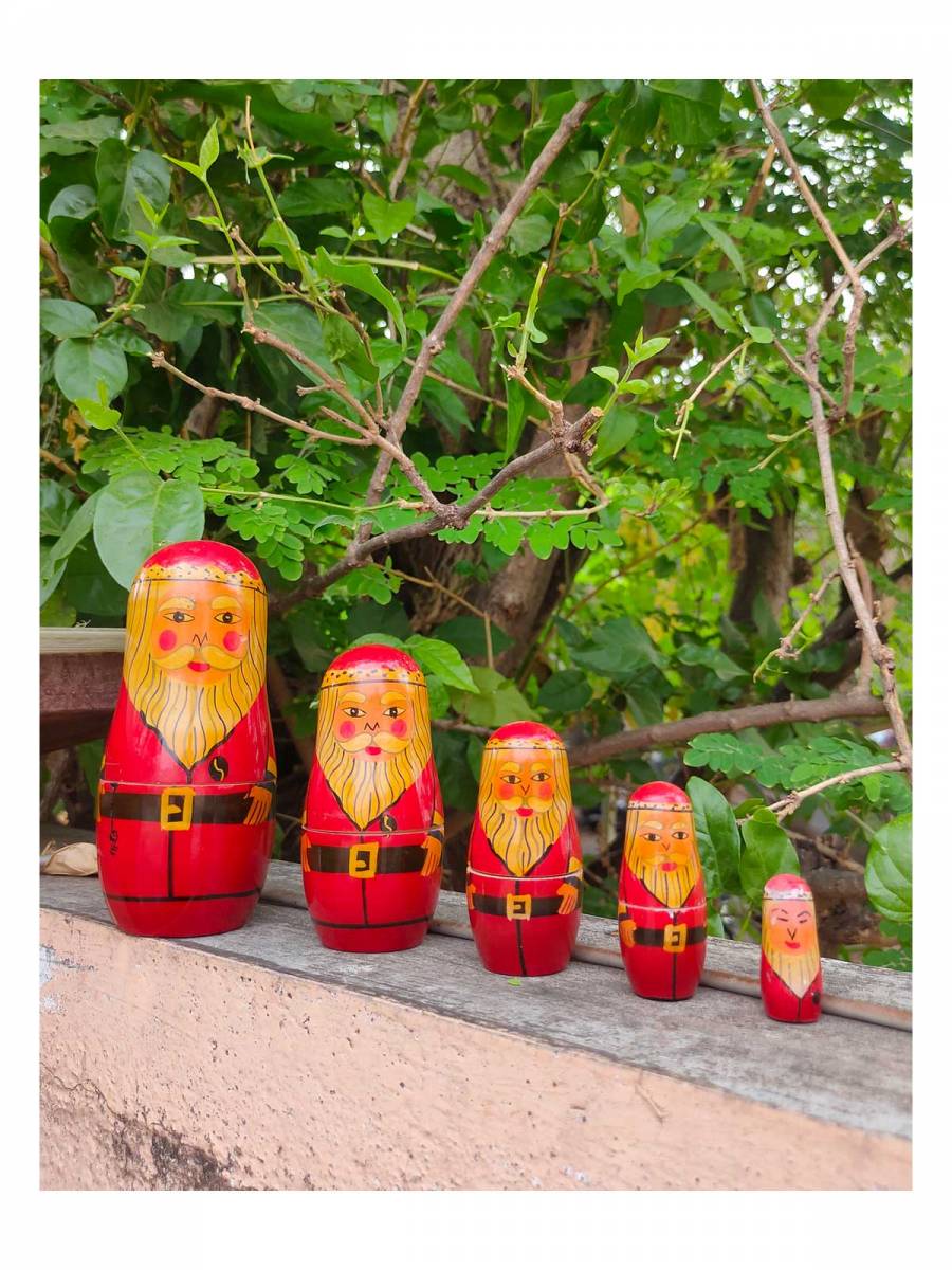 Handcrafted Wooden  Santa Claus Nesting Dolls - Stacking Dolls - Set of 5  - Channapatna Dolls - Geographical Indexed