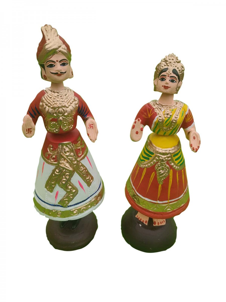 Tanjavur Dancing Couple Doll : 11 Inch, White-Red-Green - Geographical Indexed